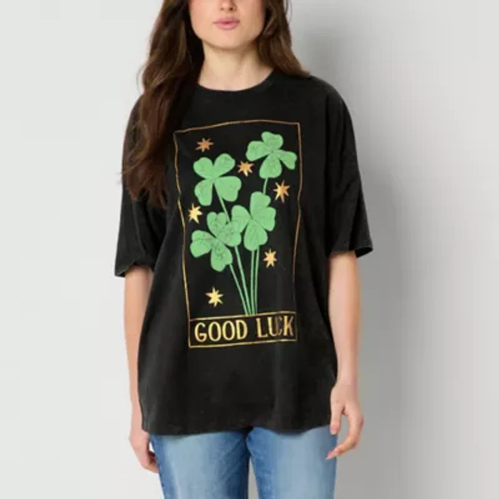 Juniors Good Luck Shamrocks Oversized Tee Womens Crew Neck Short Sleeve Graphic T-Shirt