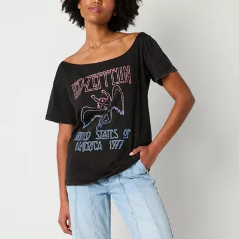 Juniors Led Zepplin Off The Shoulder Oversized Tee Womens Boat Neck Short Sleeve Graphic T-Shirt