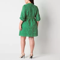 Ronni Nicole Womens 3/4 Sleeve Eyelet Fit + Flare Dress Plus