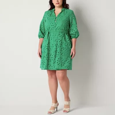 Perceptions Womens 3/4 Sleeve Eyelet Fit + Flare Dress Plus