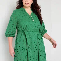Ronni Nicole Womens 3/4 Sleeve Eyelet Fit + Flare Dress Plus