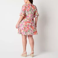 Perceptions Womens Short Sleeve Floral Shift Dress Plus