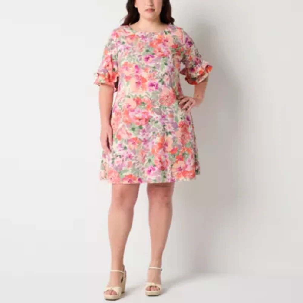 Perceptions Womens Short Sleeve Floral Shift Dress Plus