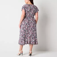 Perceptions Womens Short Sleeve Floral Midi Fit + Flare Dress Plus