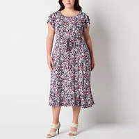 Perceptions Womens Short Sleeve Floral Midi Fit + Flare Dress Plus