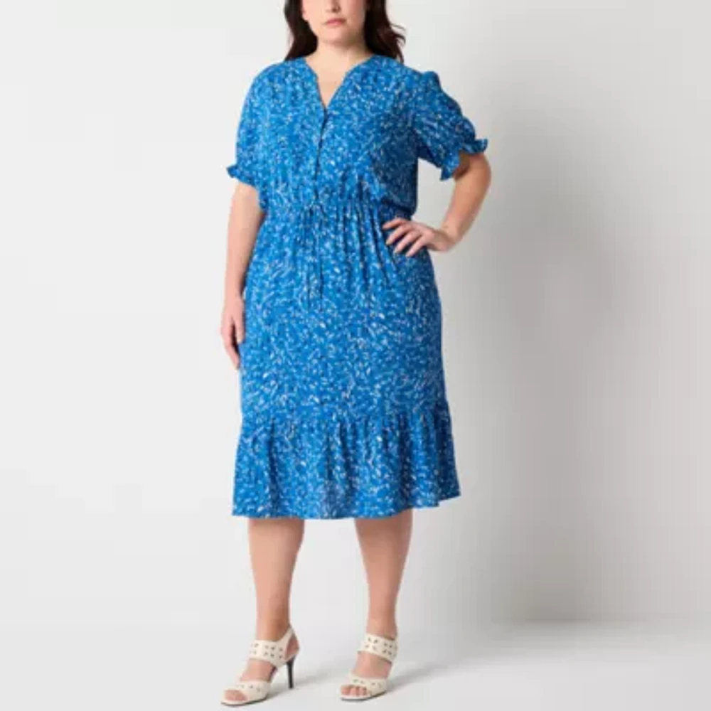 Brannan Womens Short Sleeve Abstract Midi Fit + Flare Dress Plus