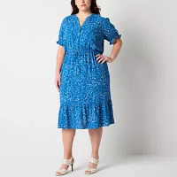 Brannan Womens Short Sleeve Abstract Midi Fit + Flare Dress Plus