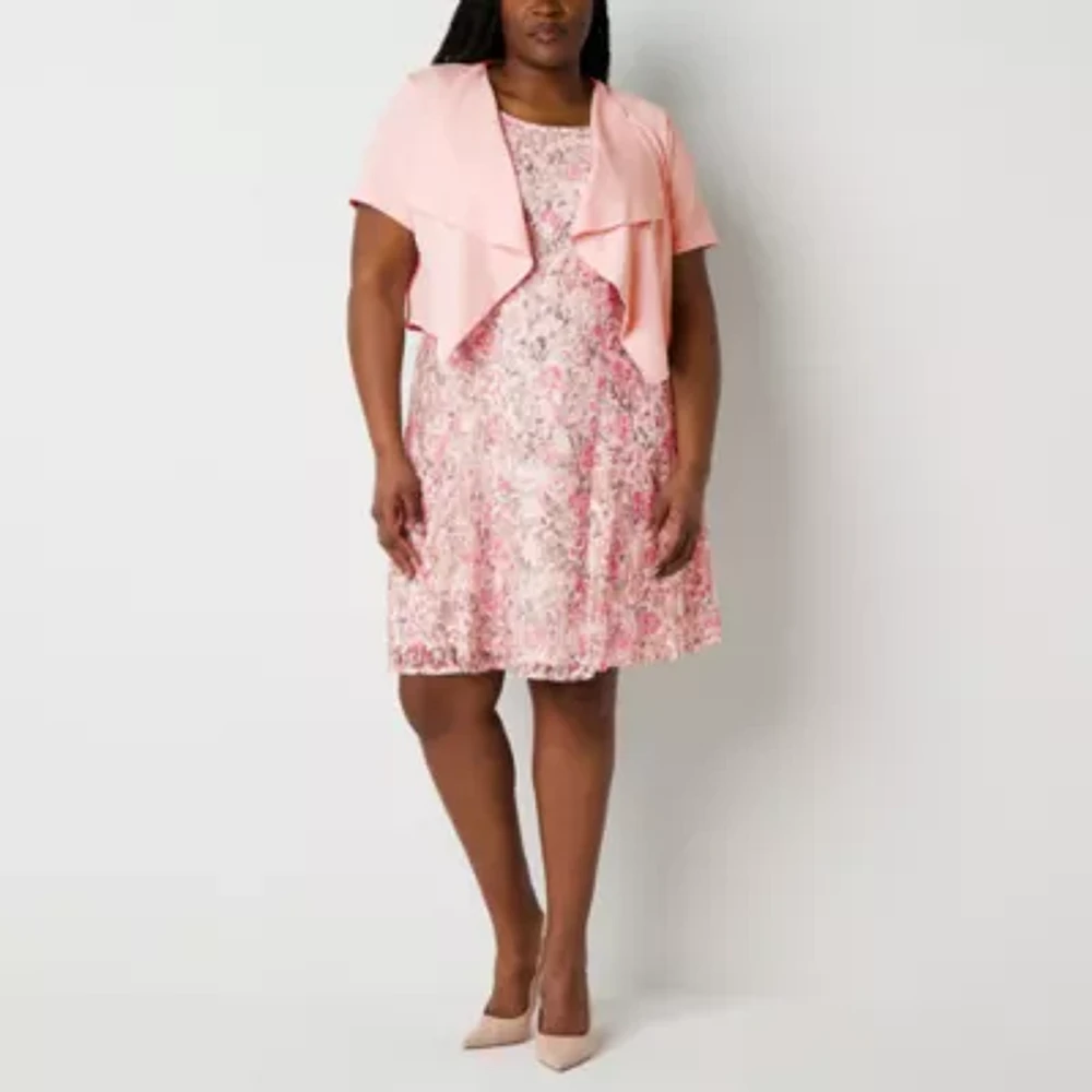 Perceptions Womens Floral Lace Jacket Dress Plus