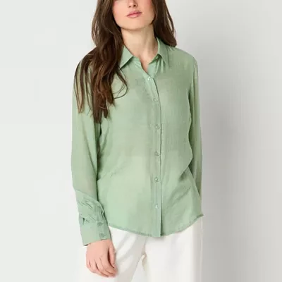 by&by Juniors Womens Long Sleeve Regular Fit Button-Down Shirt