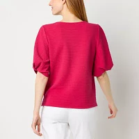 Liz Claiborne Womens Round Neck Elbow Sleeve Blouse