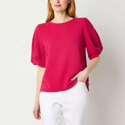 Liz Claiborne Womens Round Neck Elbow Sleeve Blouse