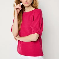 Liz Claiborne Womens Round Neck Elbow Sleeve Blouse