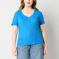 a.n.a Plus Ribbed Womens Short Sleeve Henley Shirt