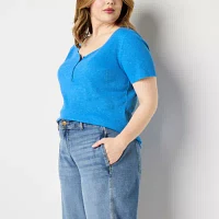 a.n.a Plus Ribbed Womens Short Sleeve Henley Shirt