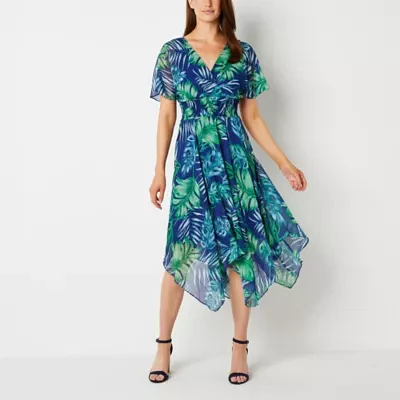 Rabbit Design Womens Short Sleeve Floral Midi Fit + Flare Dress