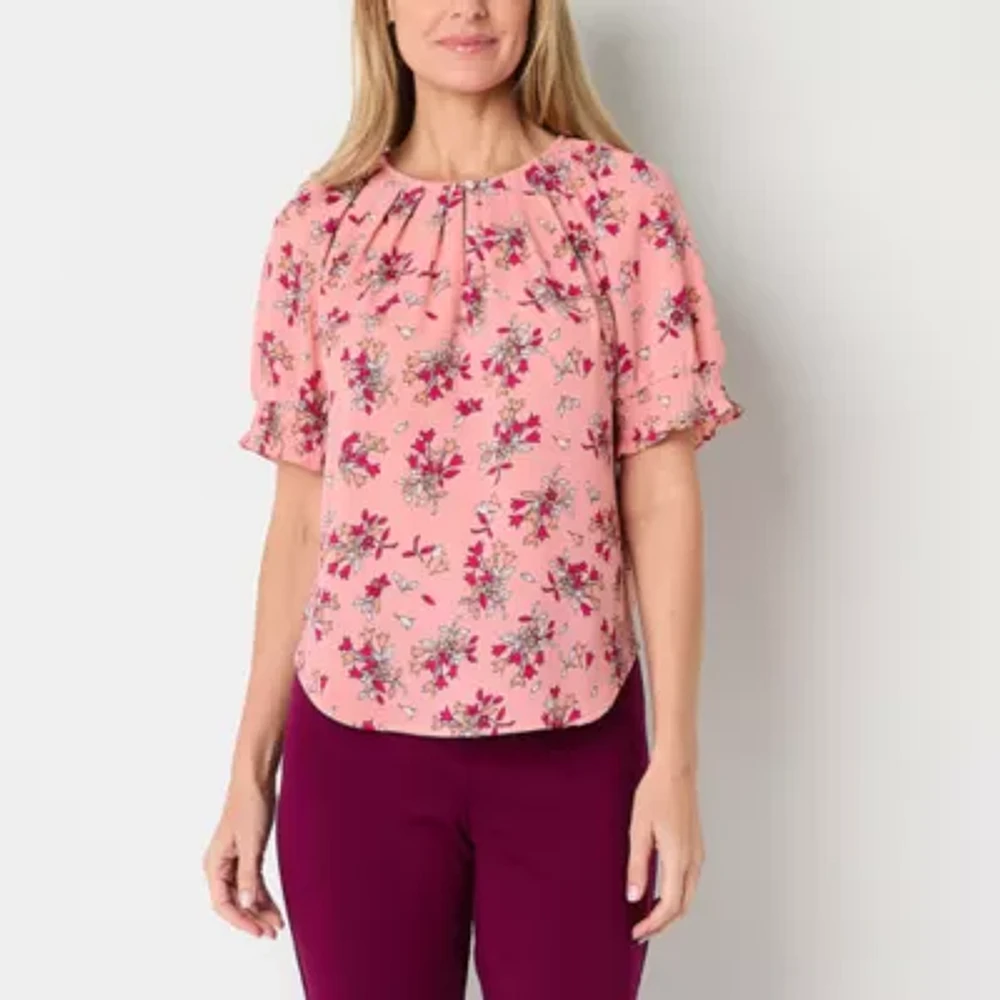 Liz Claiborne Womens Keyhole Neck Short Sleeve Blouse