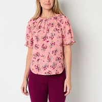 Liz Claiborne Womens Keyhole Neck Short Sleeve Blouse