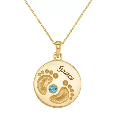 Personalized 10K Yellow Gold Name and Birthstone Footprints Pendant Necklace