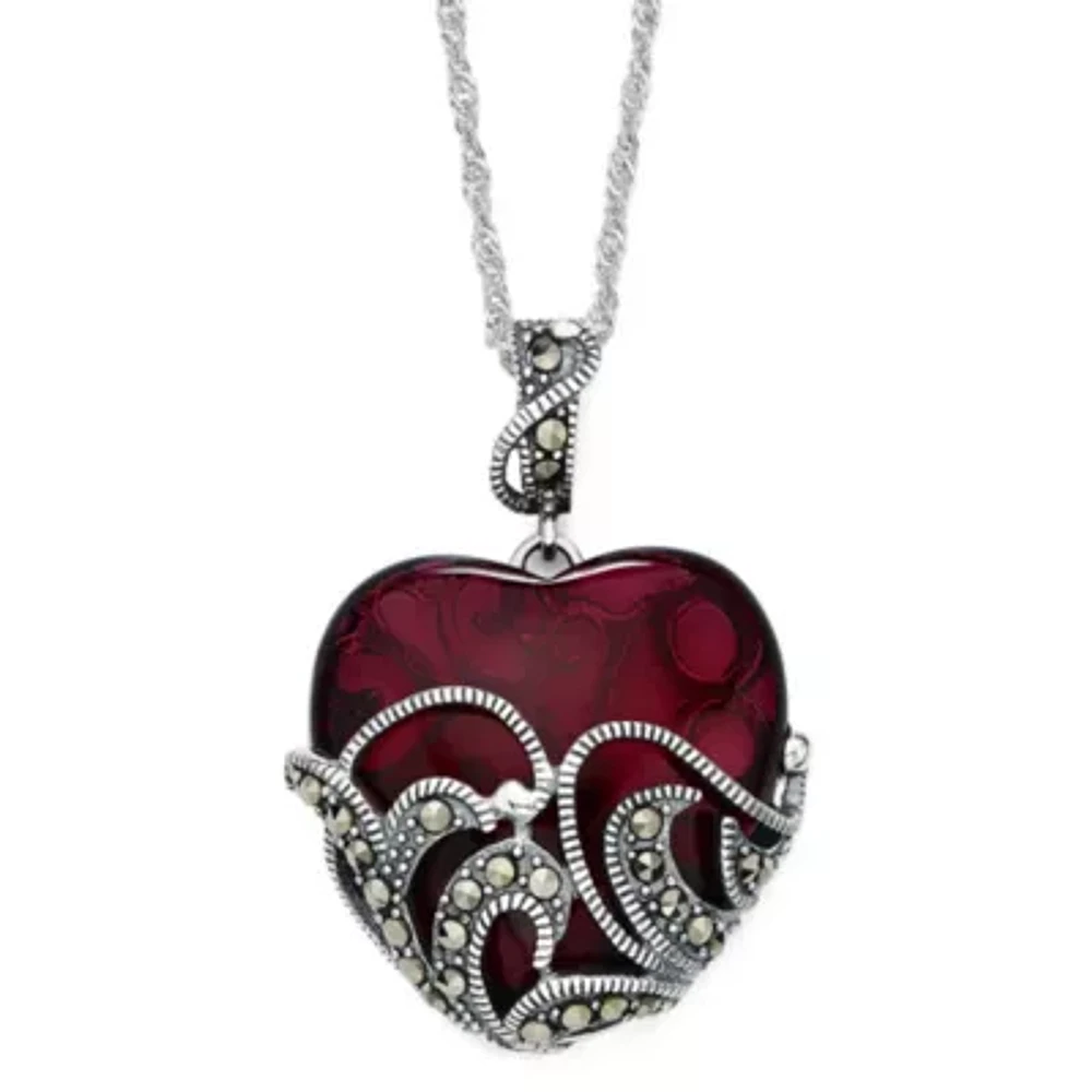 Marcasite and Red Stone Sterling Silver Heart Pendant Necklace