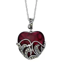 Marcasite and Red Stone Sterling Silver Heart Pendant Necklace