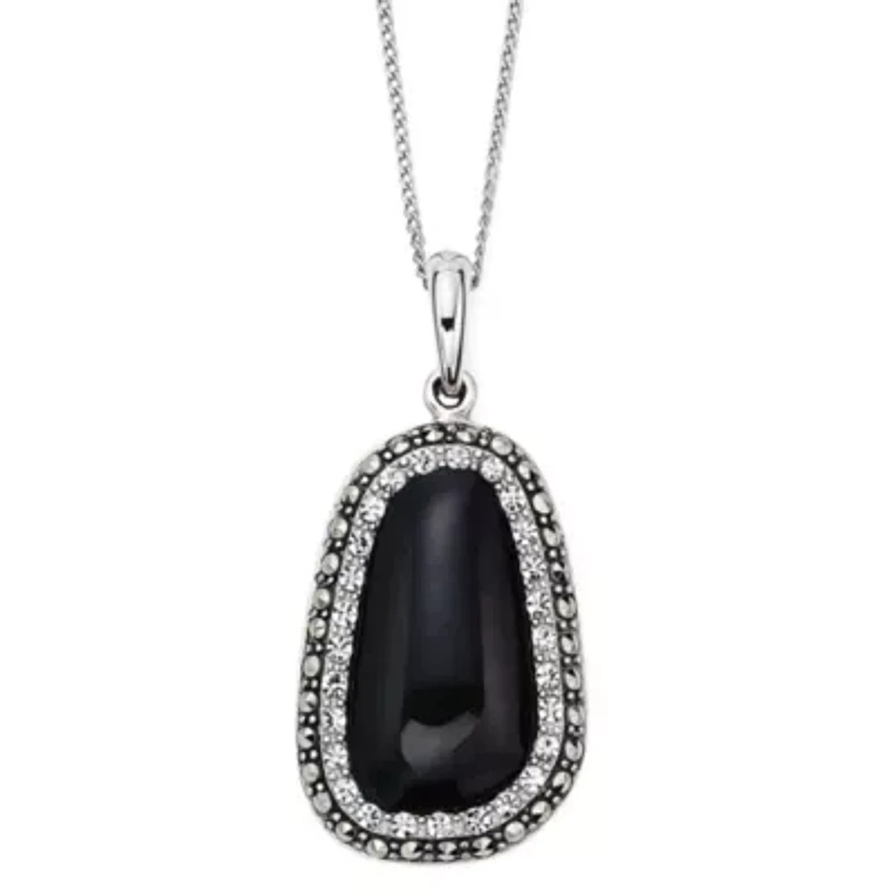 Genuine Onyx and Marcasite Sterling Silver Pendant Necklace