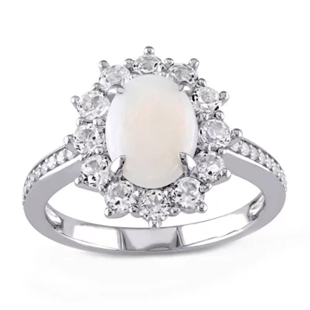 Round Genuine Opal, White Topaz and 1/10 CT. T.W. Diamond Starburst Ring