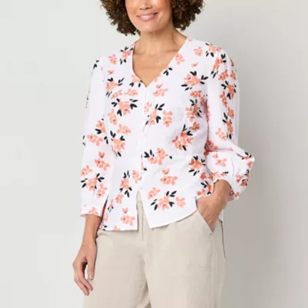 Liz Claiborne Womens V Neck 3/4 Sleeve Peplum Top Tall
