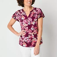 Liz Claiborne Womens Split Crew Neck Short Sleeve Blouse