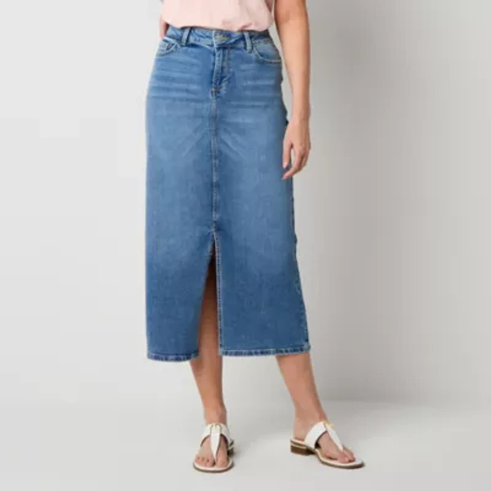 Liz Claiborne Womens Mid Rise Stretch Fabric Midi Denim Skirt