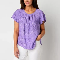 Liz Claiborne Womens Scoop Neck Short Sleeve Blouse