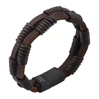 Mens Double-Row Brown Leather and Rope Wrap Bracelet