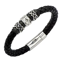 Mens Black Braided Leather and Stainless Steel Celtic Knot Bracelet