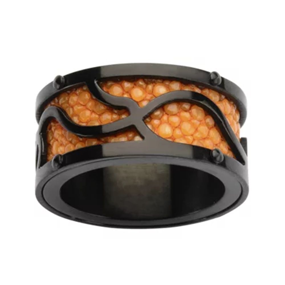 Mens Black and Orange Stainless Steel Stingray Ring