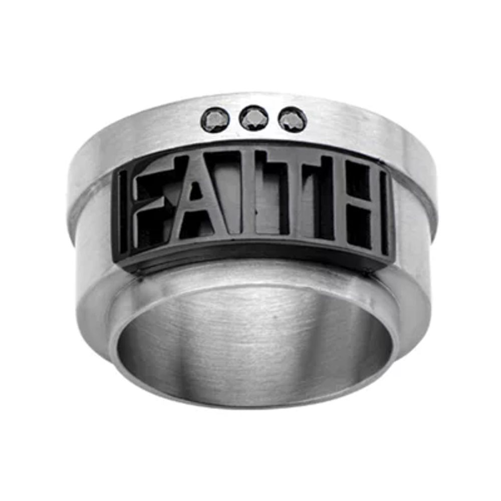 Mens "Faith" Cutout Black Cubic Zirconia Stainless Steel Ring