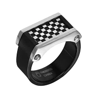 Mens Stainless Steel and Black Ion-Plated Checkerboard Ring