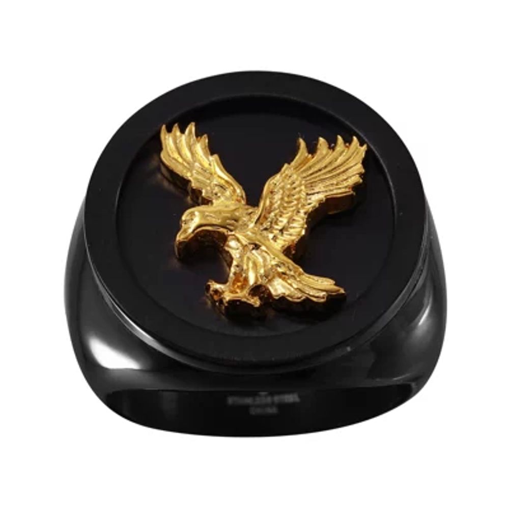 Mens Black and Gold IP Stainless Steel Eagle Ring