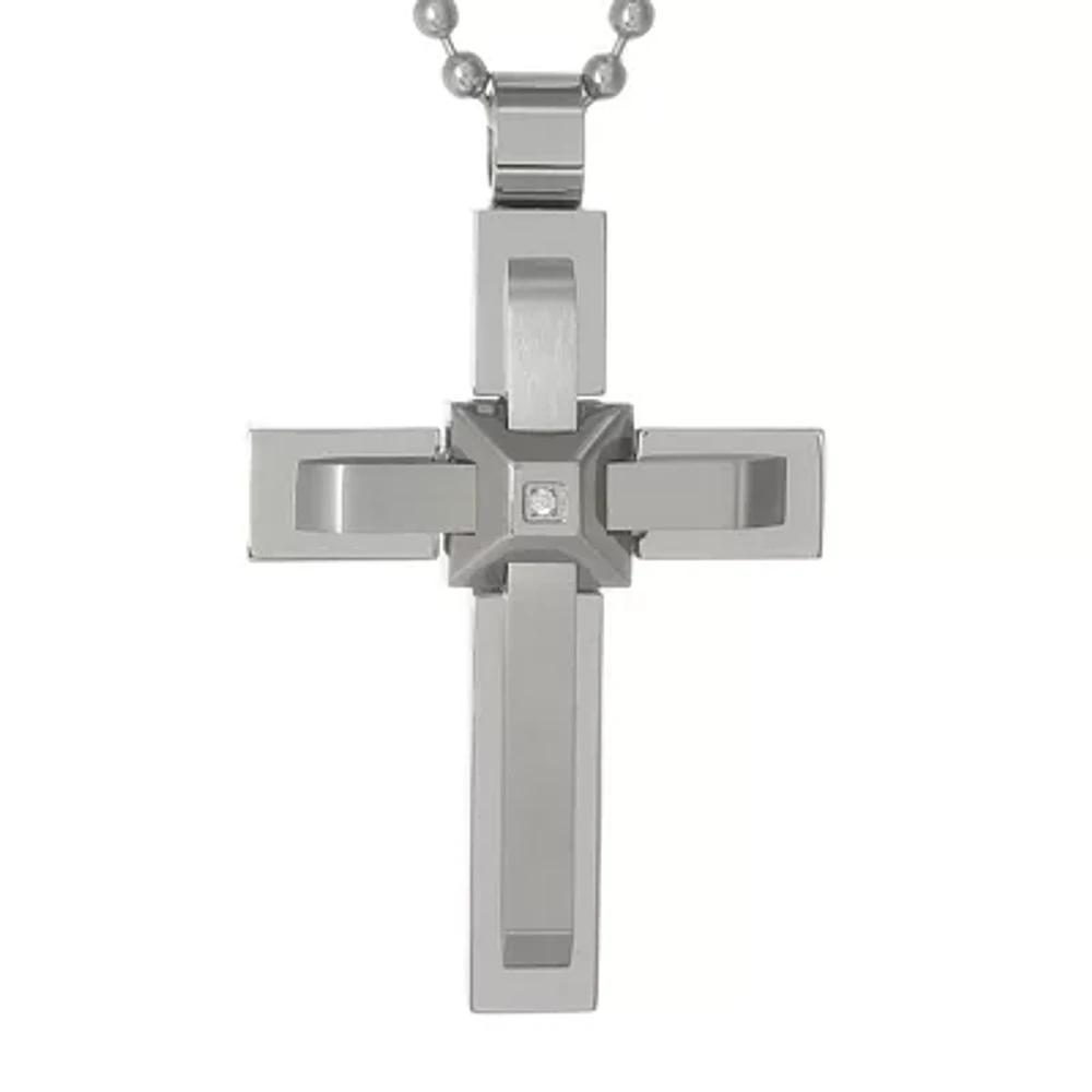 Mens Cubic Zirconia Stainless Steel Triple Layer Cross Pendant Necklace