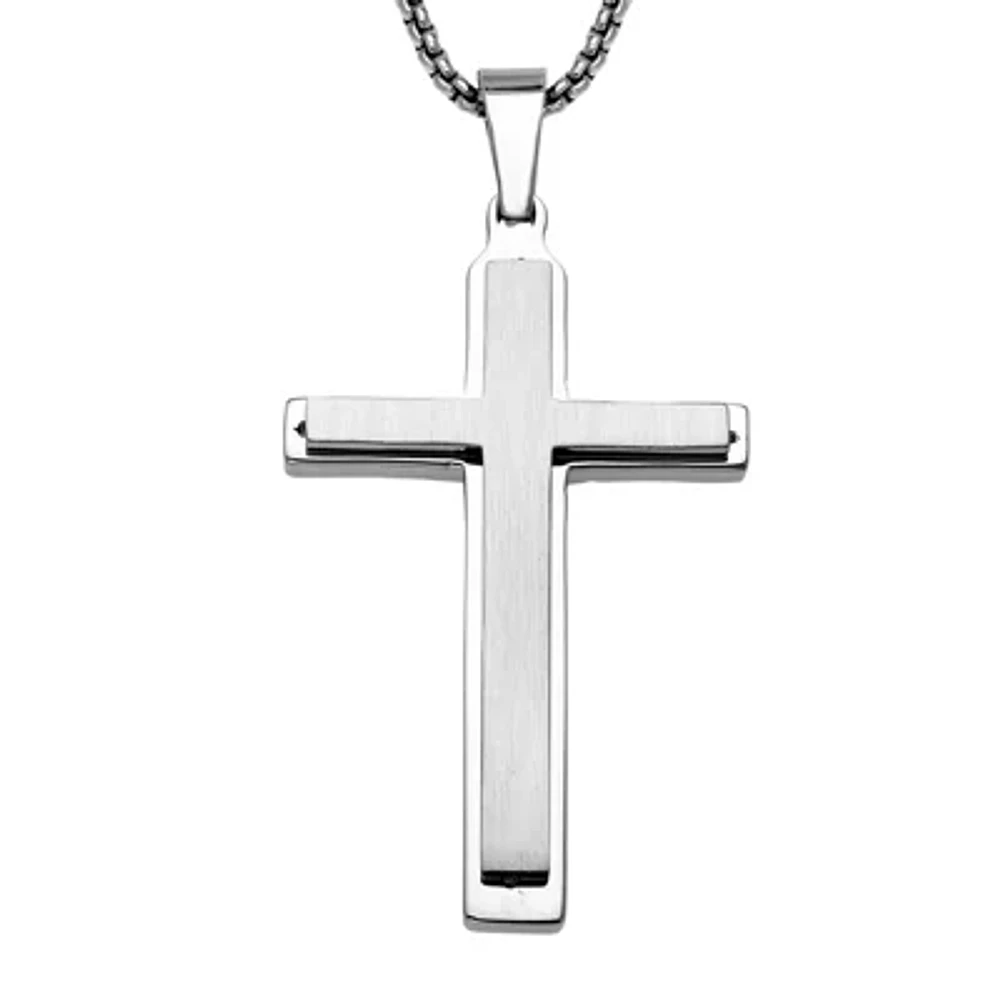 Mens Stainless Steel Double Layer Cross Pendant Necklace