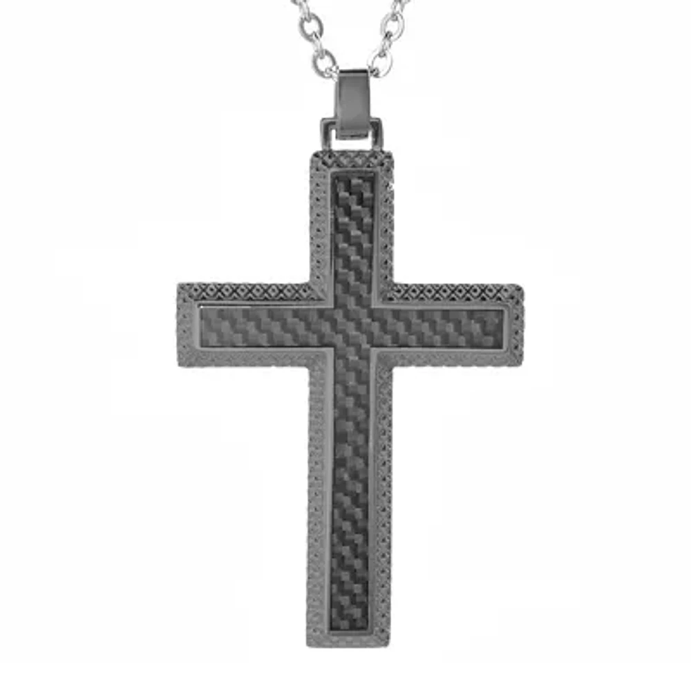 Mens Gunmetal Gray IP Stainless Steel and Carbon Fiber Cross Pendant Necklace