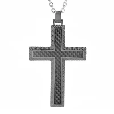 Mens Gunmetal Gray IP Stainless Steel and Carbon Fiber Cross Pendant Necklace