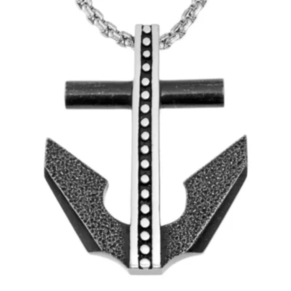 Mens Black IP Stainless Steel Anchor Pendant Necklace