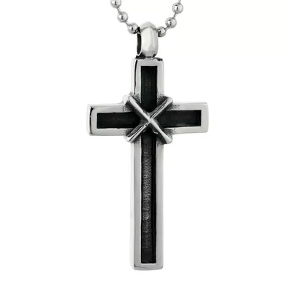 Mens Two-tone Stainless Steel Cross Pendant Necklace with Antique Finish Plating