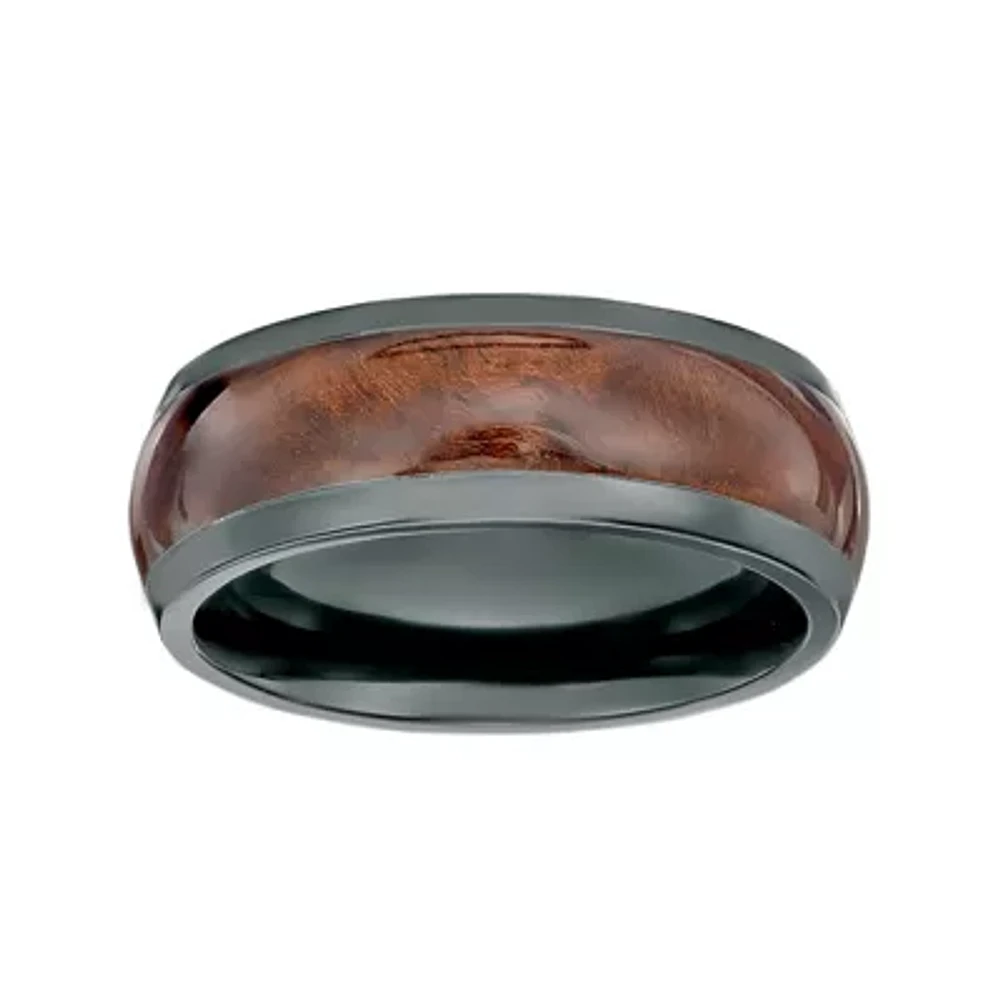 Mens Black Zirconium Band Ring with Wood Inlay