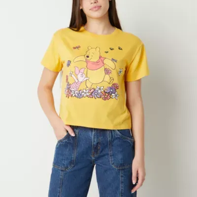 Juniors Winne The Pooh Embroidered Flowers Womens Crew Neck Short Sleeve Disney Cropped Graphic T-Shirt
