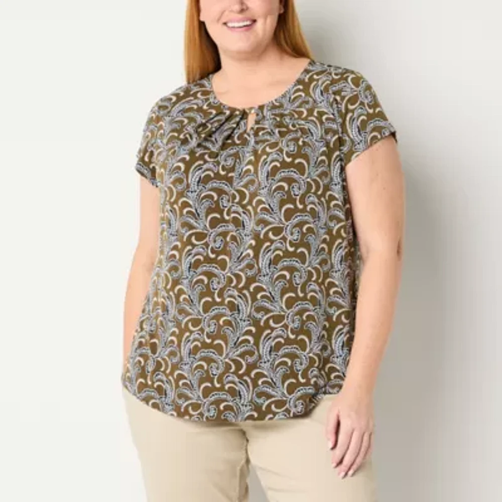 Liz Claiborne Plus Womens Keyhole Neck Short Sleeve Blouse