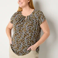 Liz Claiborne Plus Womens Keyhole Neck Short Sleeve Blouse