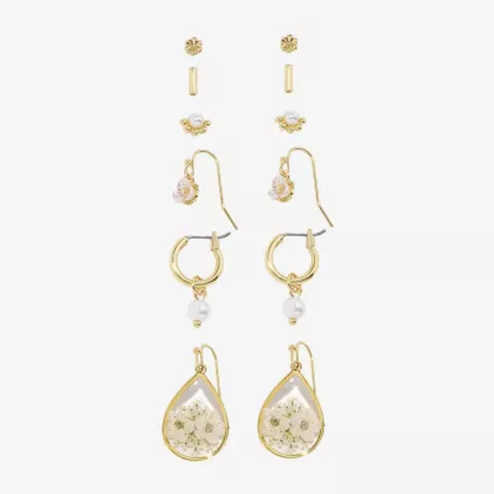 Arizona Gold Tone Stud Huggie & Drop Womens Flower 6 Pair Earring Set
