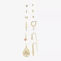 Arizona Gold Tone Stud Huggie & Drop Womens Flower 6 Pair Earring Set