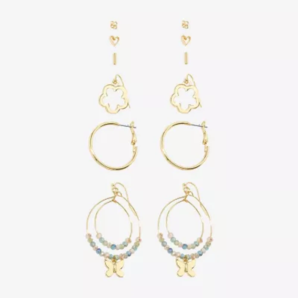 Arizona Gold Tone Stud Huggie & Drop Gold Tone Butterfly Flower 6 Pair Earring Set