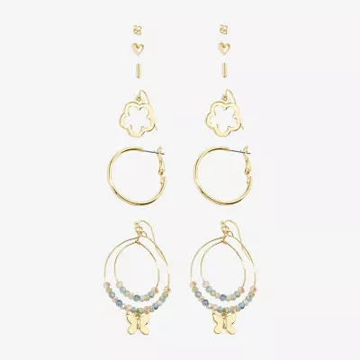 Arizona Gold Tone Stud Huggie & Drop Gold Tone Butterfly Flower 6 Pair Earring Set